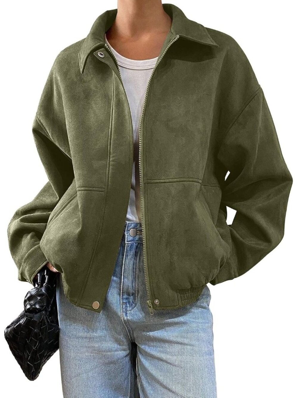 〽️Women's Green Faux Suede Oversized Zip Up Cropped Lapel Collar Bomber Jacket